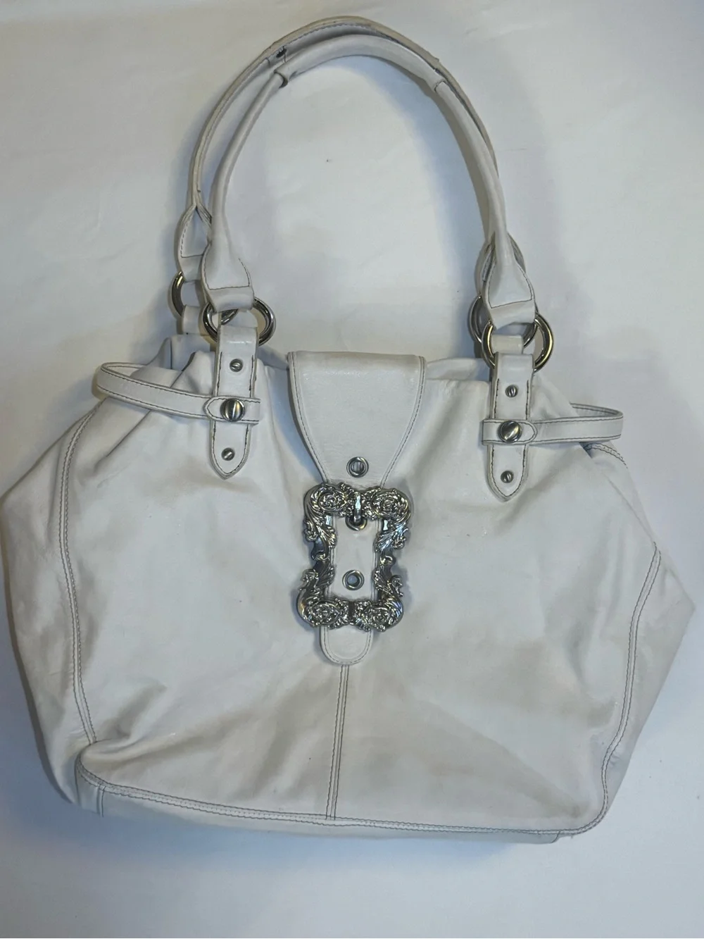 Vintage Y2K White Women's Leather Tote Bag with Decorative Buckle